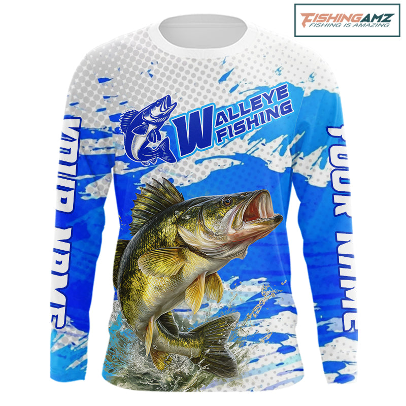Blue Camo Walleye Fishing Shirts Long Sleeve, Walleye Fishing Jerseys NBT407