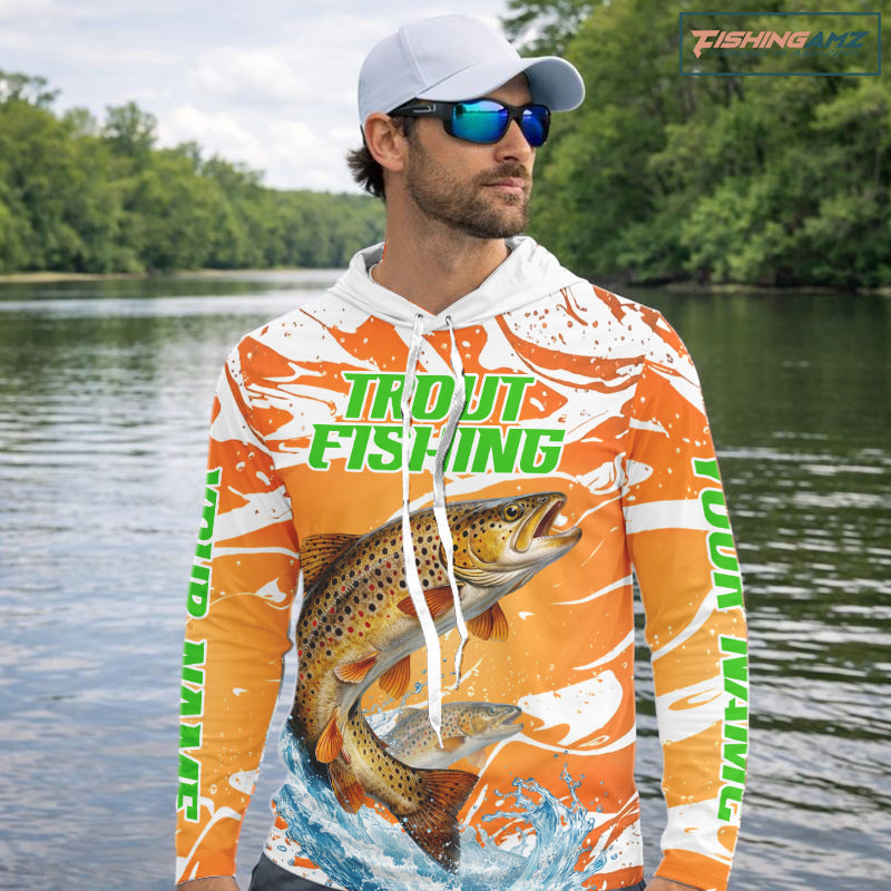 Big Brown Trout Fishing Shirts Long Sleeve Hooded Orange Camo Custom Name, Tournament Fishing Jerseys NBT410