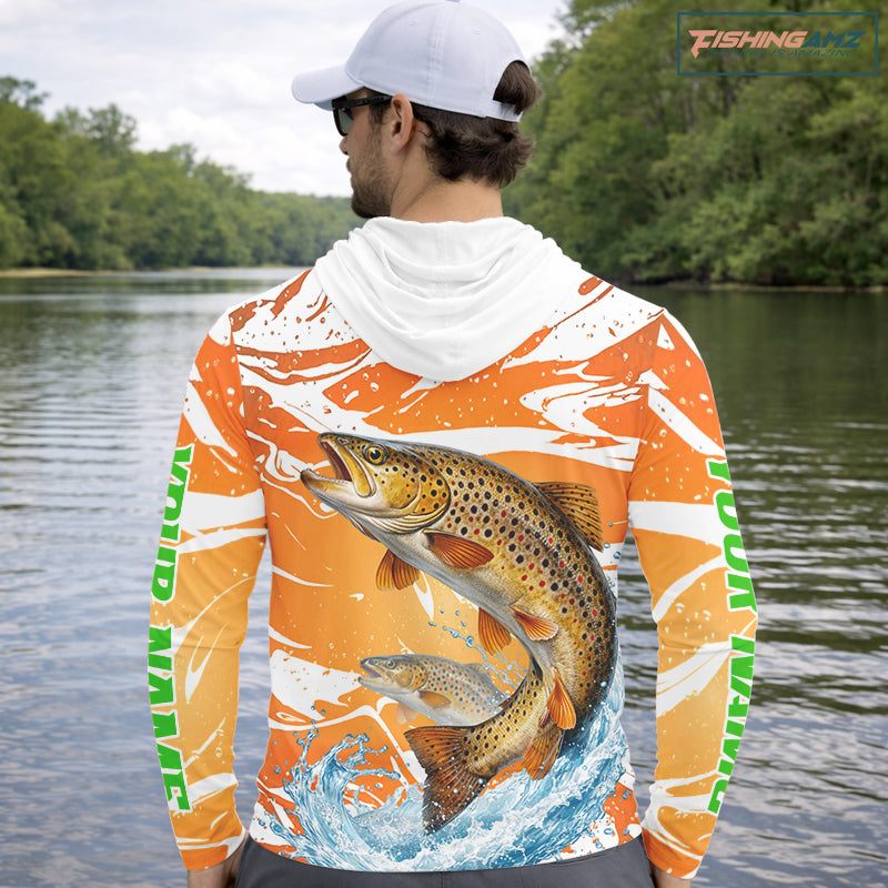 Big Brown Trout Fishing Shirts Long Sleeve Hooded Orange Camo Custom Name, Tournament Fishing Jerseys NBT410