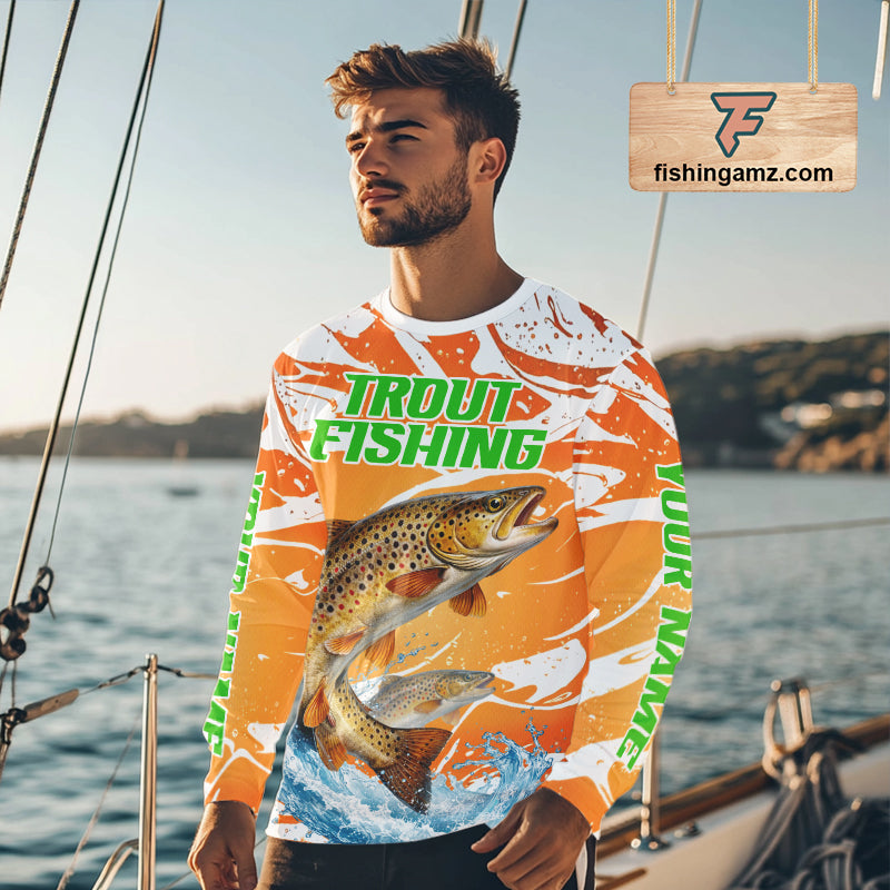 Big Brown Trout Fishing Shirts Long Sleeve Orange Camo Custom Name, Tournament Fishing Jerseys NBT410