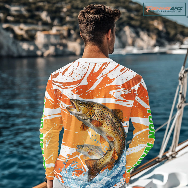 Big Brown Trout Fishing Shirts Long Sleeve Orange Camo Custom Name, Tournament Fishing Jerseys NBT410
