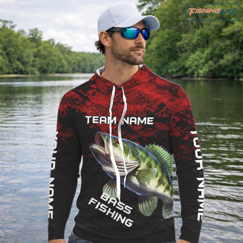 Personalized Largemouth Bass Hooded Fishing Shirts Red Camo Custom Name, Bass Fishing Shirts NBT466