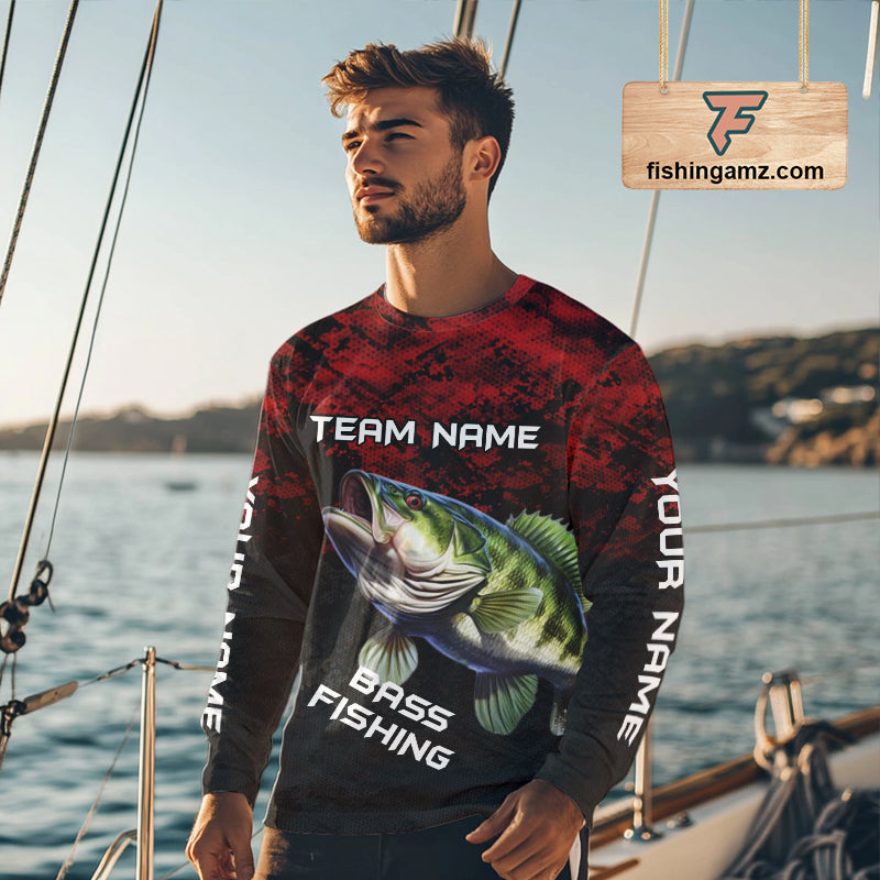 Personalized Largemouth Bass Fishing Shirts Red Camo Custom Name, Bass Fishing Shirts NBT466