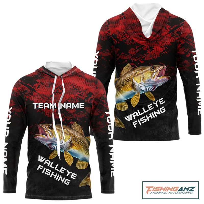 Personalized Walleye Hooded Fishing Shirts Red Camo Custom Name, Walleye Fishing Shirts NBT371