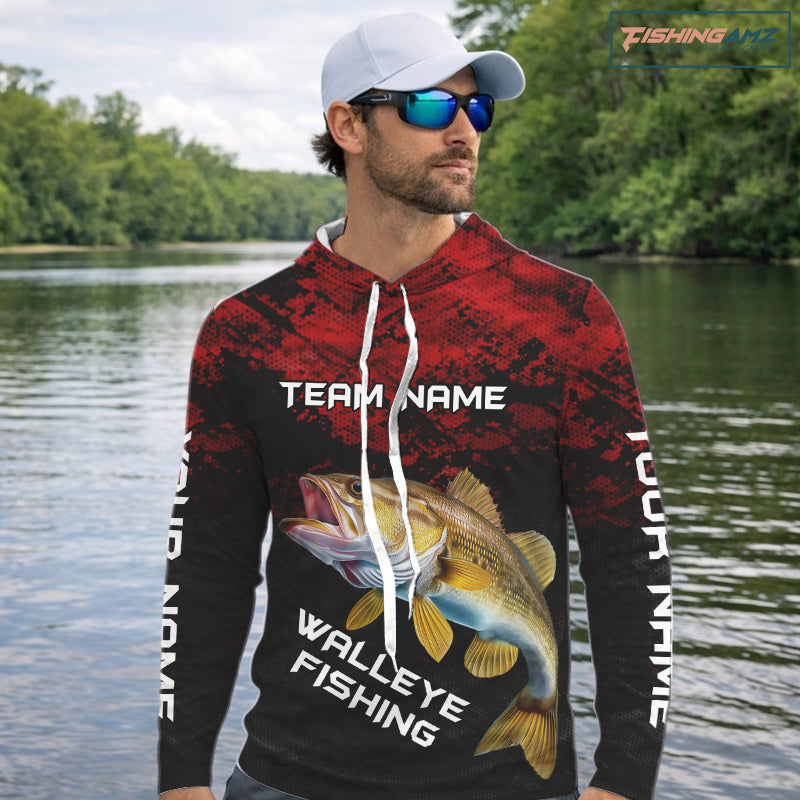 Personalized Walleye Hooded Fishing Shirts Red Camo Custom Name, Walleye Fishing Shirts NBT371