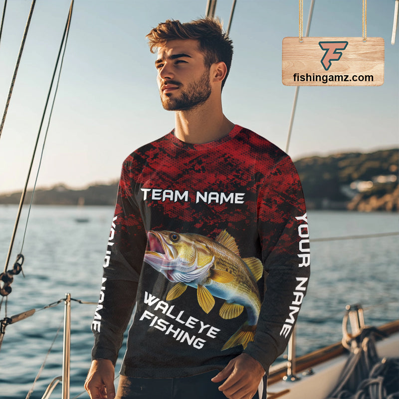 Walleye angler wearing personalized red camo long sleeve fishing shirt on a boat