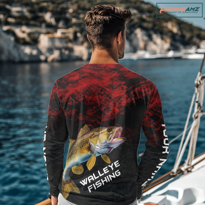 back view of custom red camo walleye UPF fishing shirt with long sleeves