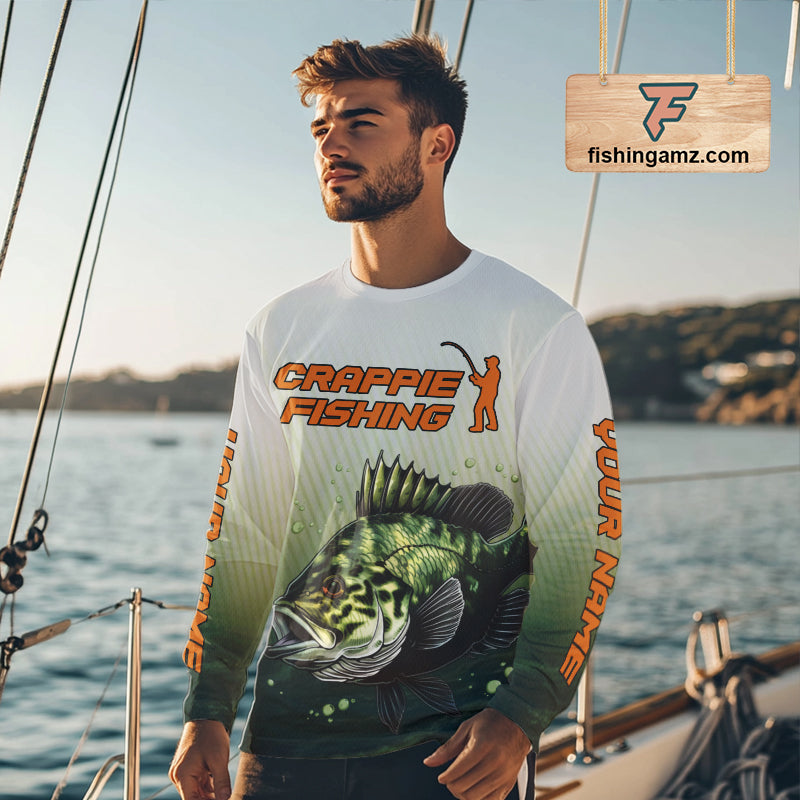 Crappie Fishing Shirts Long Sleeve Custom Fishing Jerseys Green Camo, Fishing Shirts for Men NBT372