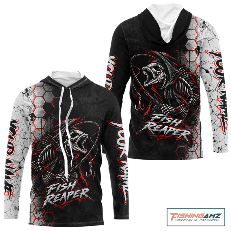 Personalized Fishing Fish Reaper Long Sleeve Hooded Fishing Shirts, Fish Reaper Skull Fishing Jerseys NBT1049