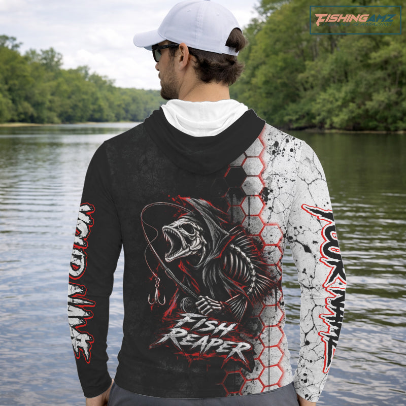 Personalized Fishing Fish Reaper Long Sleeve Hooded Fishing Shirts, Fish Reaper Skull Fishing Jerseys NBT1049