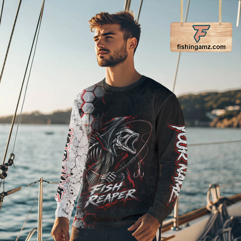 Personalized Fishing Fish Reaper Long Sleeve Fishing Shirts, Fish Reaper Skull Fishing Jerseys NBT1049