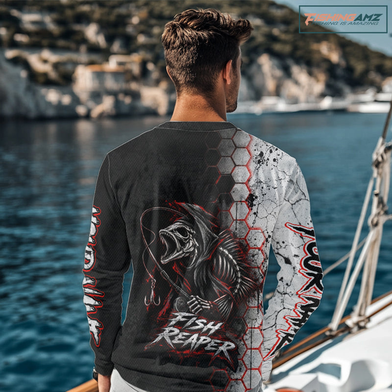 Personalized Fishing Fish Reaper Long Sleeve Fishing Shirts, Fish Reaper Skull Fishing Jerseys NBT1049