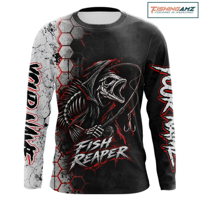Personalized Fishing Fish Reaper Long Sleeve Fishing Shirts, Fish Reaper Skull Fishing Jerseys NBT1049