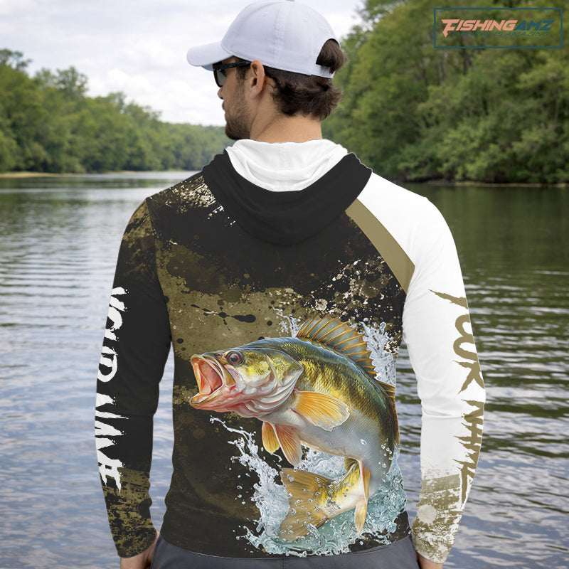 Green Camo Custom Walleye Fishing Shirts Long Sleeve Hooded, Walleye Fishing Jerseys NBT413