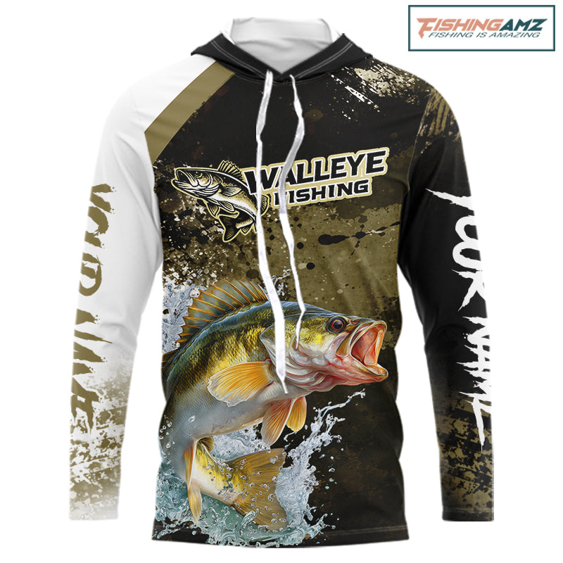 Green Camo Custom Walleye Fishing Shirts Long Sleeve Hooded, Walleye Fishing Jerseys NBT413