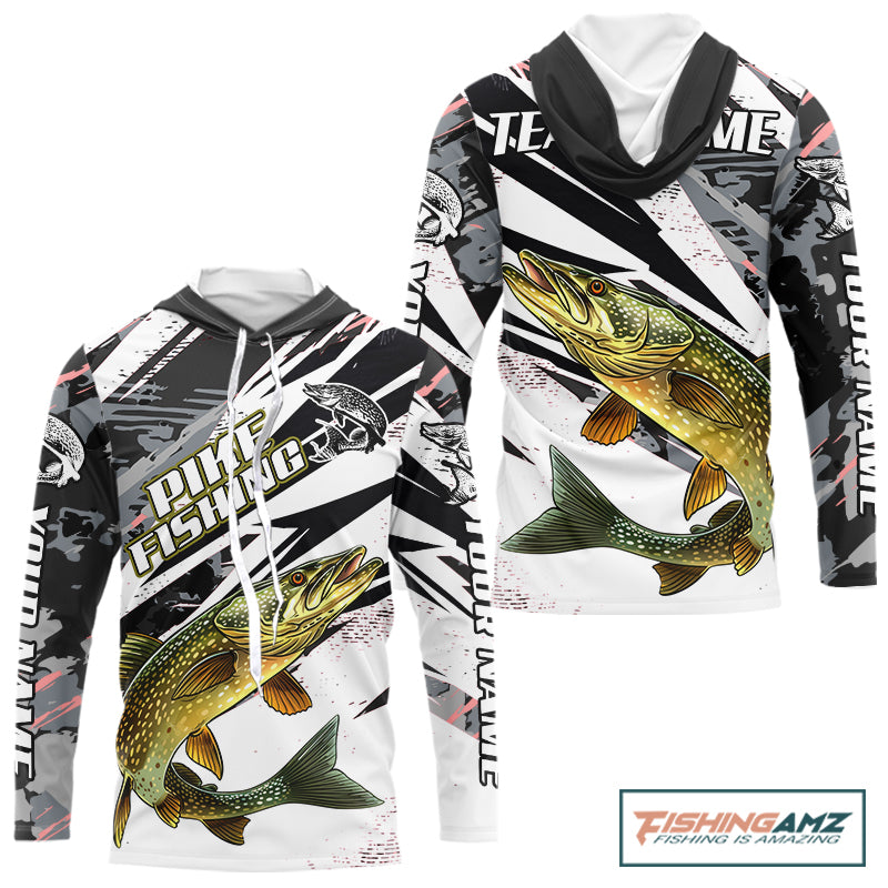 Gray Camo Pike Fishing Jerseys For Men, Custom Pike Fishing Shirts Long Sleeve Hooded NBT415