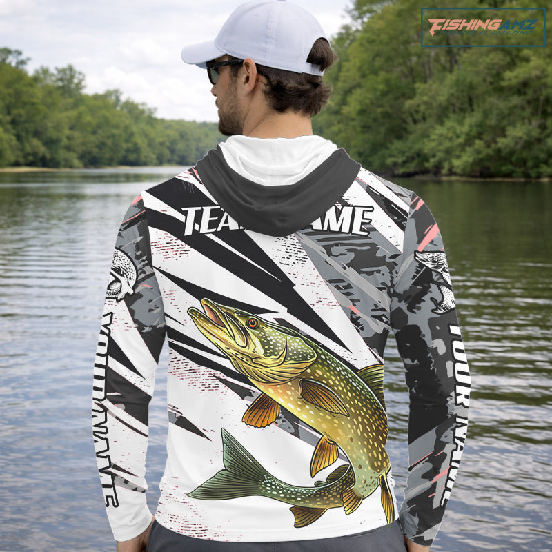 Gray Camo Pike Fishing Jerseys For Men, Custom Pike Fishing Shirts Long Sleeve Hooded NBT415