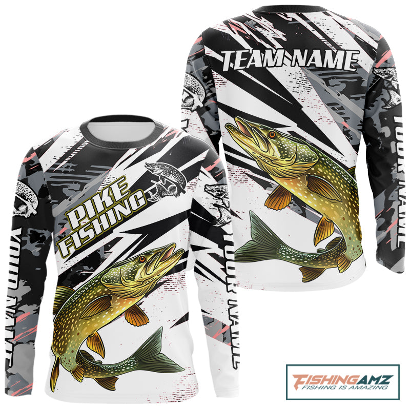 Gray Camo Pike Fishing Jerseys For Men, Custom Pike Fishing Shirts Long Sleeve NBT415
