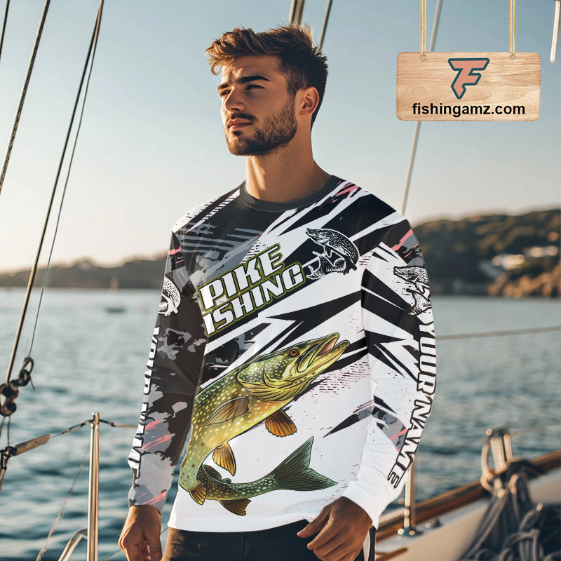 Gray Camo Pike Fishing Jerseys For Men, Custom Pike Fishing Shirts Long Sleeve NBT415