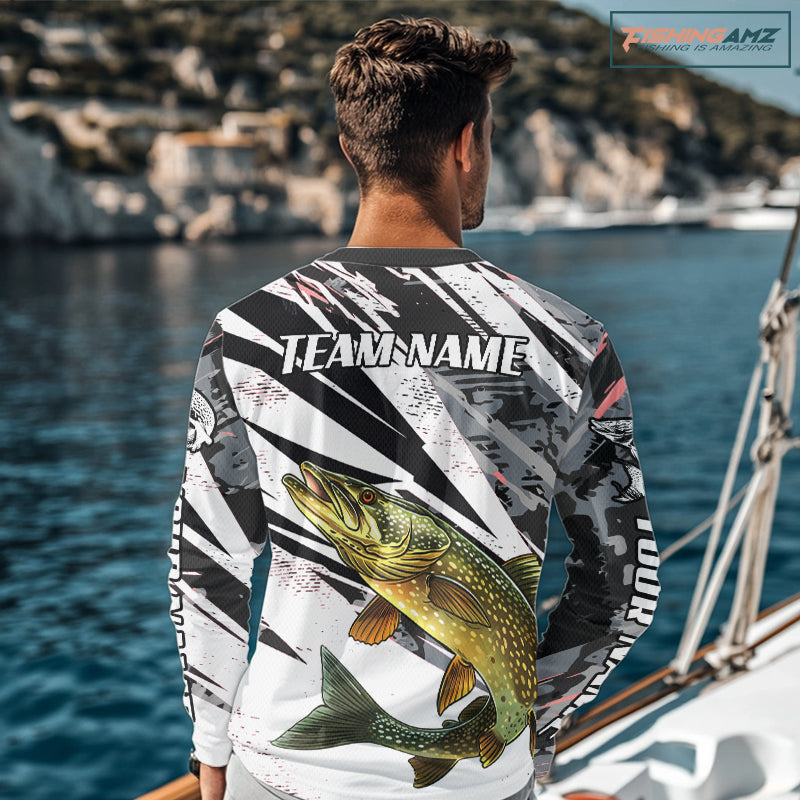 Gray Camo Pike Fishing Jerseys For Men, Custom Pike Fishing Shirts Long Sleeve NBT415