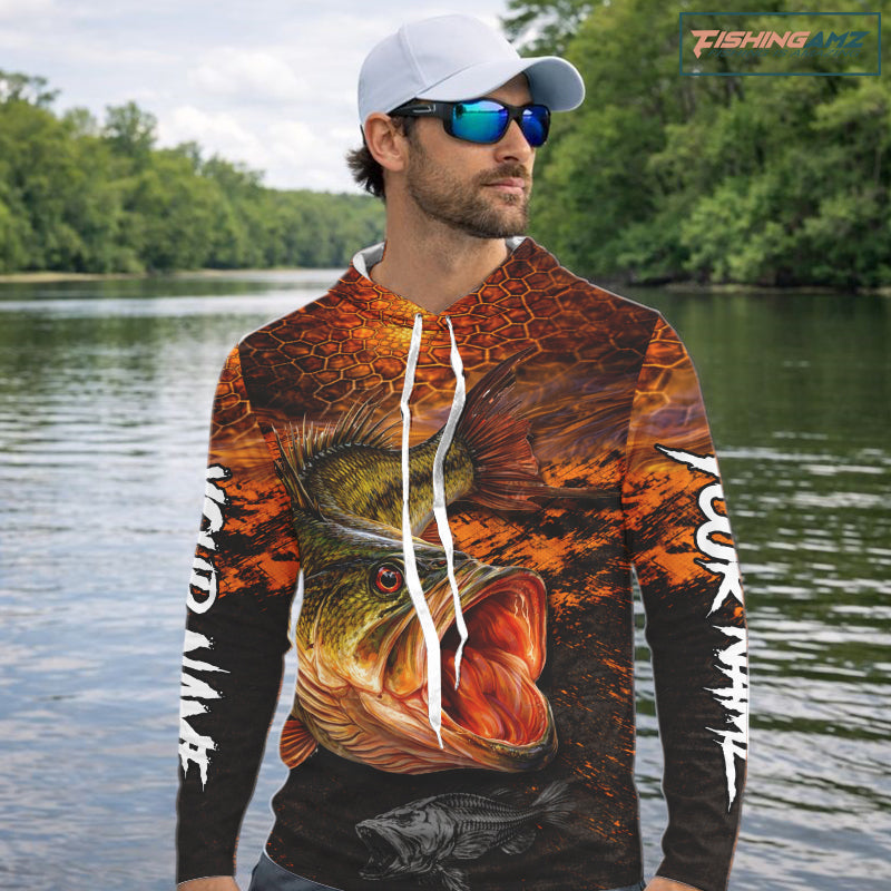 Personalized Big Bass Fishing Jerseys Orange Camo, Bass Fishing Shirts Long Sleeve Hooded NBT416