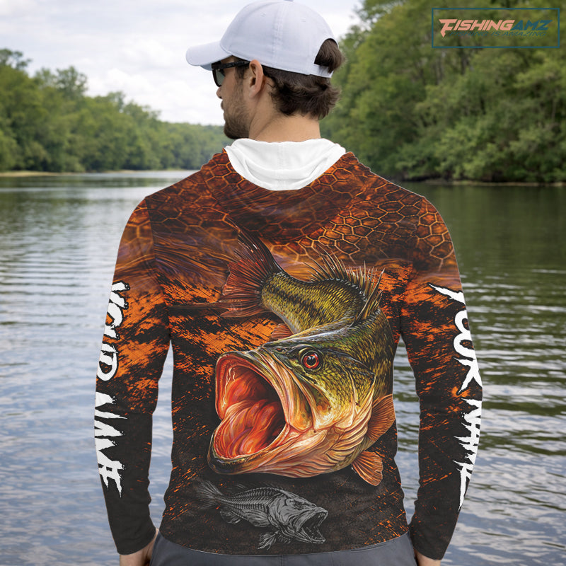 Personalized Big Bass Fishing Jerseys Orange Camo, Bass Fishing Shirts Long Sleeve Hooded NBT416