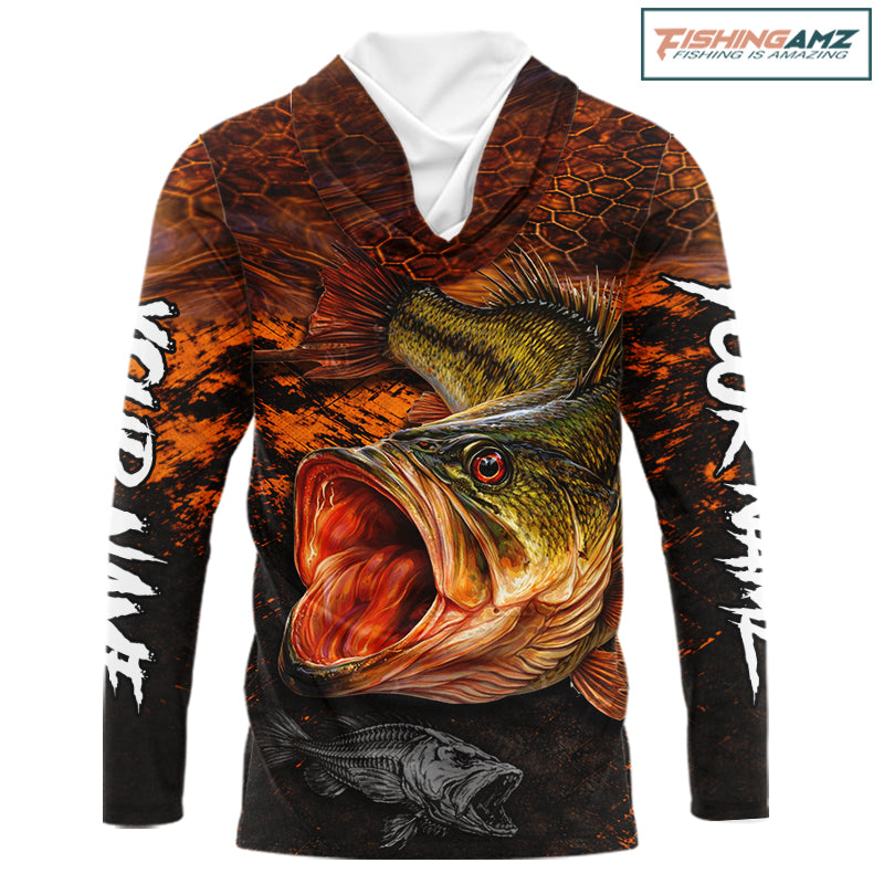 Personalized Big Bass Fishing Jerseys Orange Camo, Bass Fishing Shirts Long Sleeve Hooded NBT416