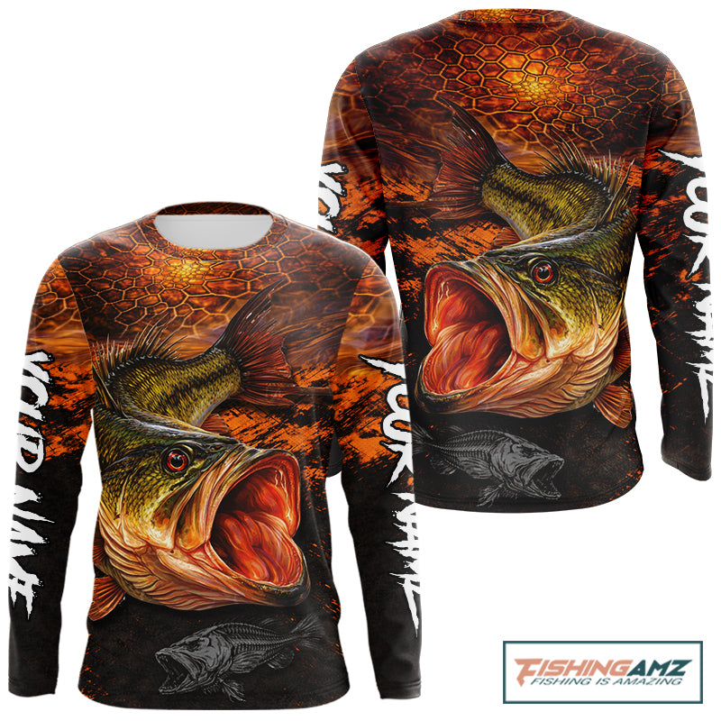 Personalized Big Bass Fishing Jerseys Orange Camo, Bass Fishing Shirts Long Sleeve NBT416
