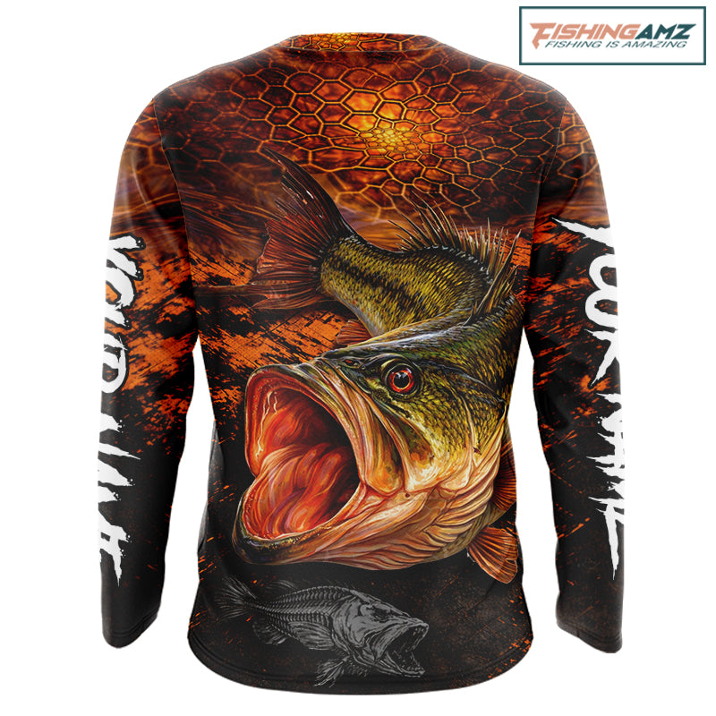 Personalized Big Bass Fishing Jerseys Orange Camo, Bass Fishing Shirts Long Sleeve NBT416