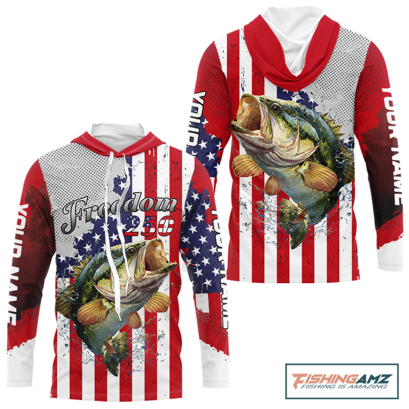 Freedom 250 Bass Long Sleeve Hooded Fishing Shirts American Flag Fishing, Custom Bass Shirts With US Flag NBT374