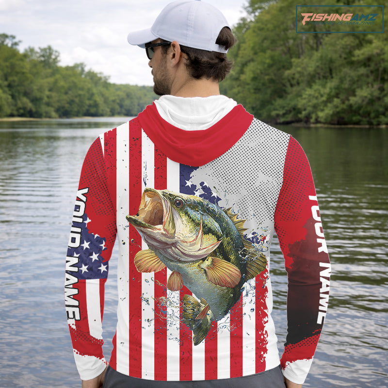 Freedom 250 Bass Long Sleeve Hooded Fishing Shirts American Flag Fishing, Custom Bass Shirts With US Flag NBT374