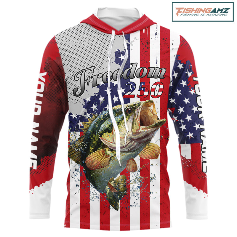Freedom 250 Bass Long Sleeve Hooded Fishing Shirts American Flag Fishing, Custom Bass Shirts With US Flag NBT374