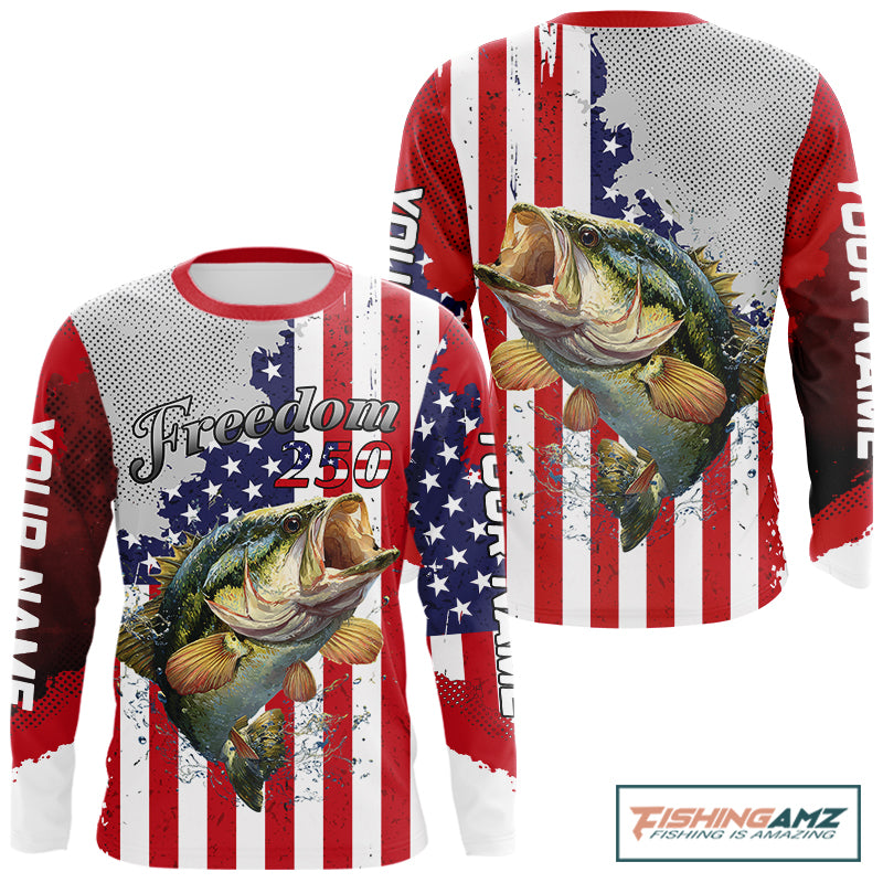 Freedom 250 Bass Fishing Shirts Long Sleeve American Flag Fishing, Custom Bass Shirts With US Flag NBT374