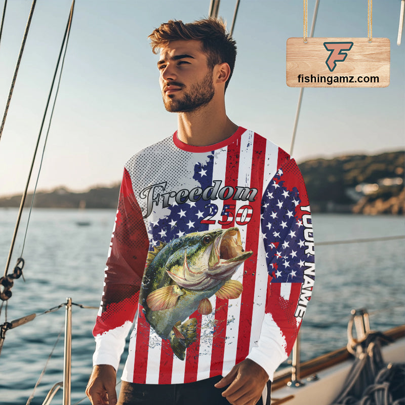 Freedom 250 Bass Fishing Shirts Long Sleeve American Flag Fishing, Custom Bass Shirts With US Flag NBT374
