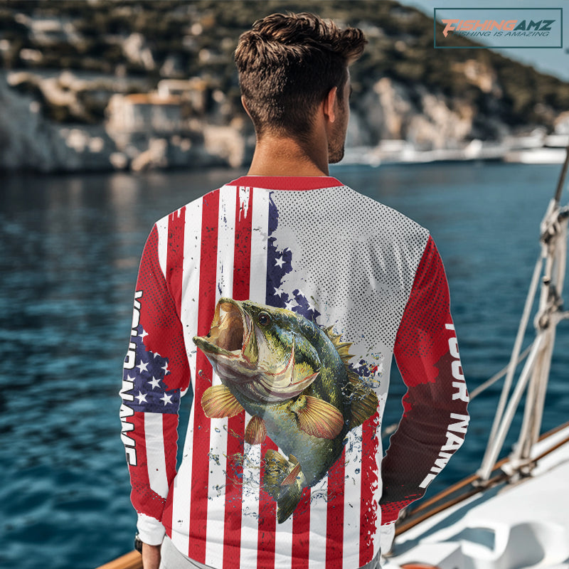 Freedom 250 Bass Fishing Shirts Long Sleeve American Flag Fishing, Custom Bass Shirts With US Flag NBT374