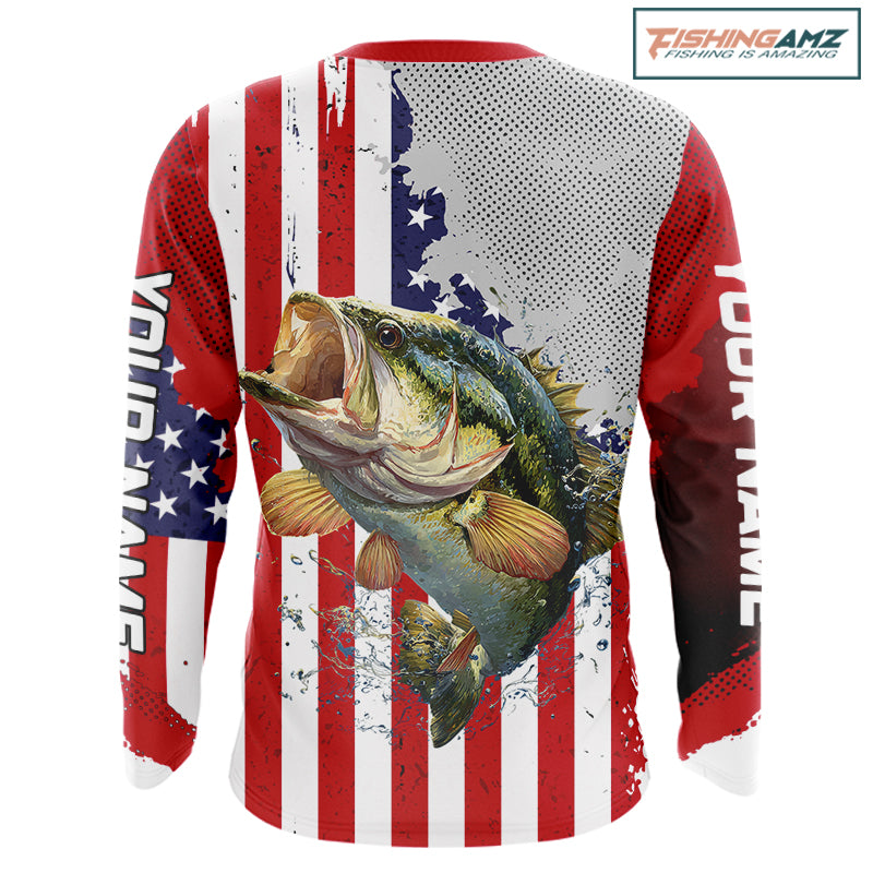 Freedom 250 Bass Fishing Shirts Long Sleeve American Flag Fishing, Custom Bass Shirts With US Flag NBT374