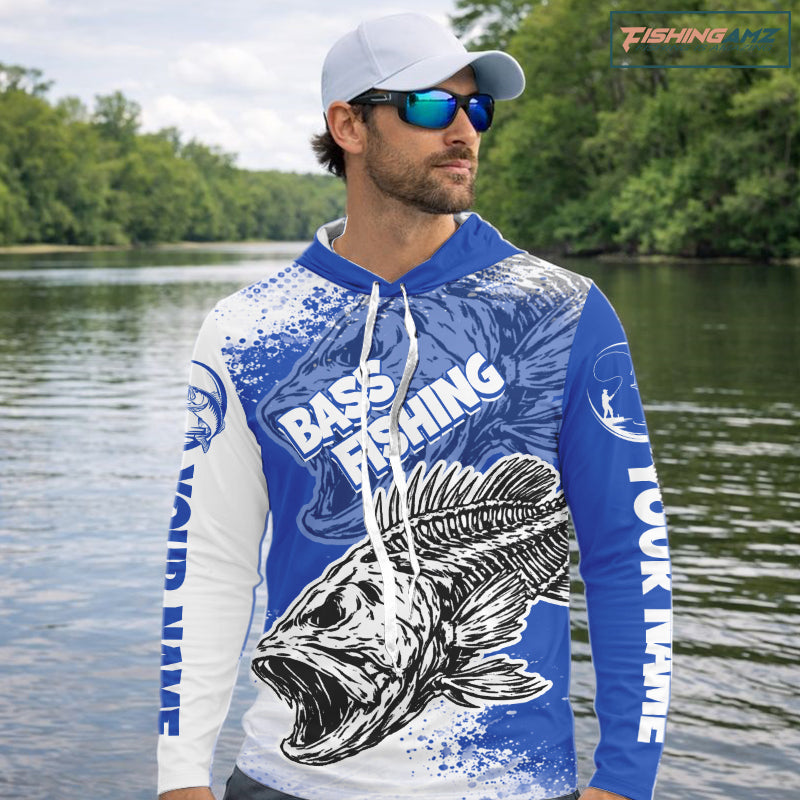 Blue Camo Bass Fishing Jerseys For Fishing Team, Bass Skeleton Fishing Shirts Long Sleeve Hooded NBT418