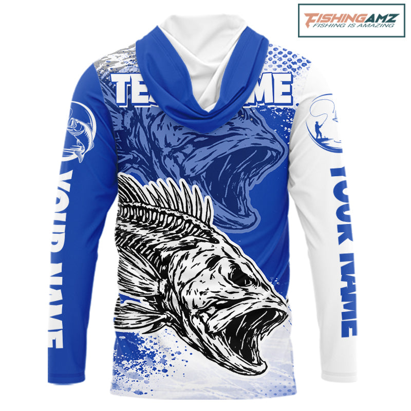 Blue Camo Bass Fishing Jerseys For Fishing Team, Bass Skeleton Fishing Shirts Long Sleeve Hooded NBT418