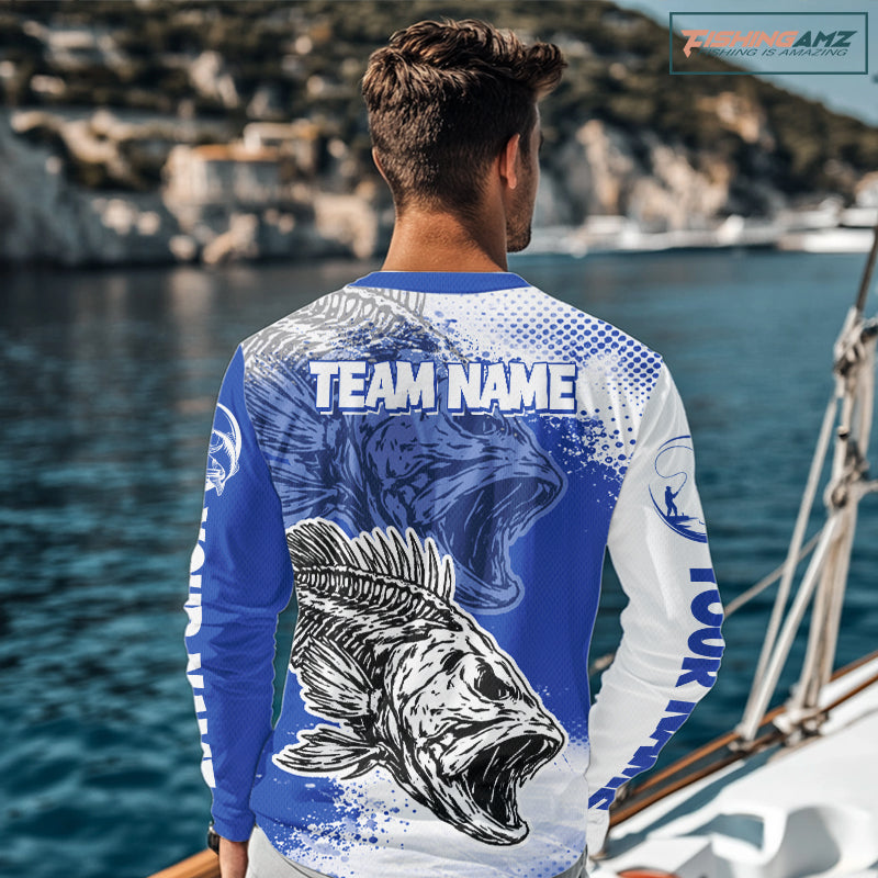 Blue Camo Bass Fishing Jerseys For Fishing Team, Bass Skeleton Fishing Shirts Long Sleeve NBT418