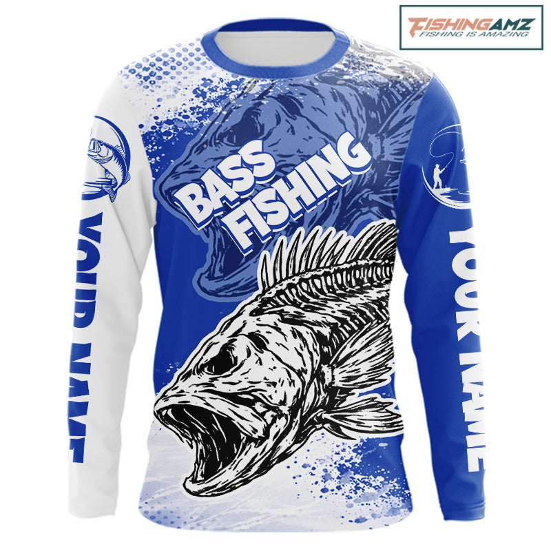 Blue Camo Bass Fishing Jerseys For Fishing Team, Bass Skeleton Fishing Shirts Long Sleeve NBT418