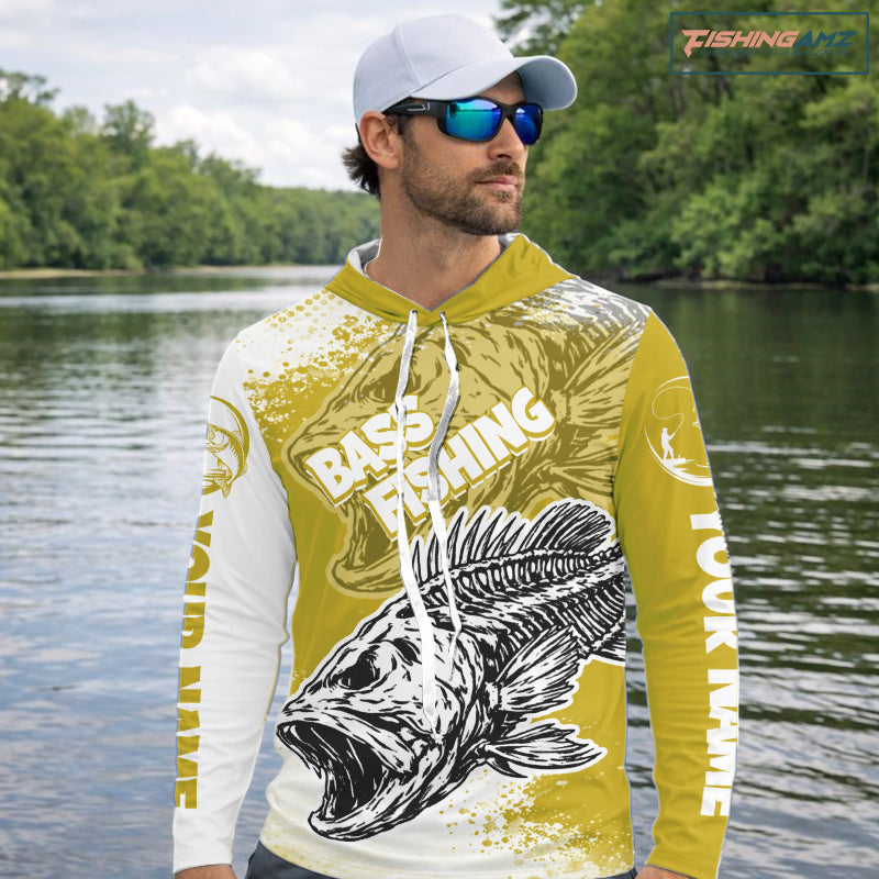 Yellow Camo Bass Fishing Jerseys For Fishing Team, Bass Skeleton Fishing Shirts Long Sleeve Hooded NBT419