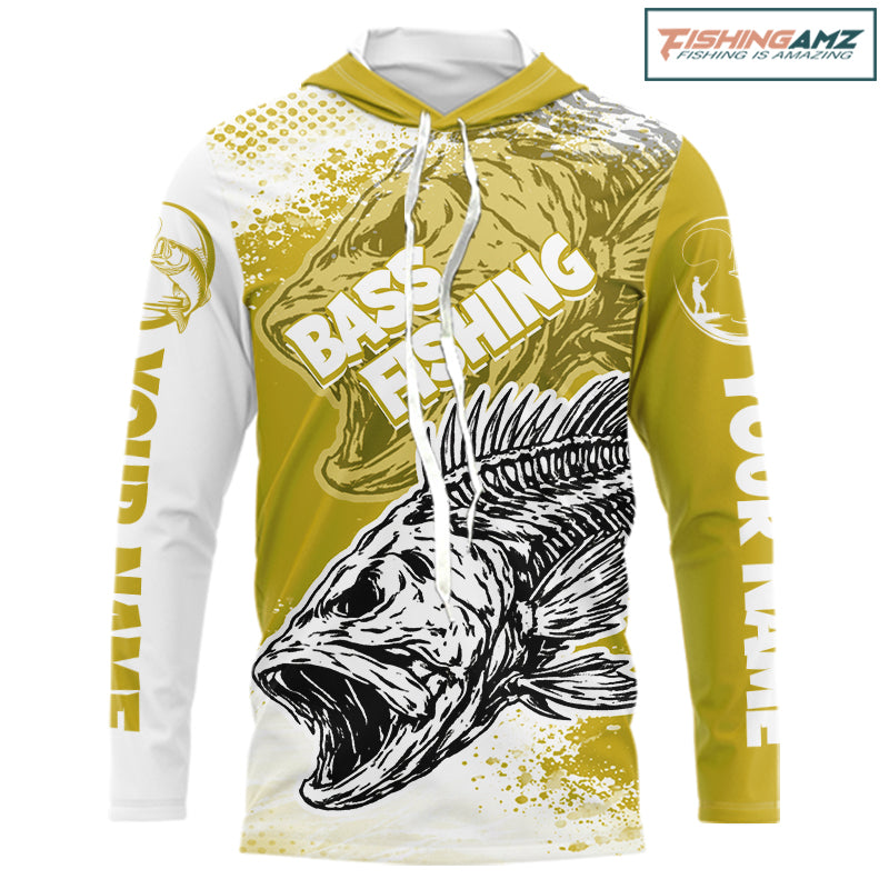 Yellow Camo Bass Fishing Jerseys For Fishing Team, Bass Skeleton Fishing Shirts Long Sleeve Hooded NBT419
