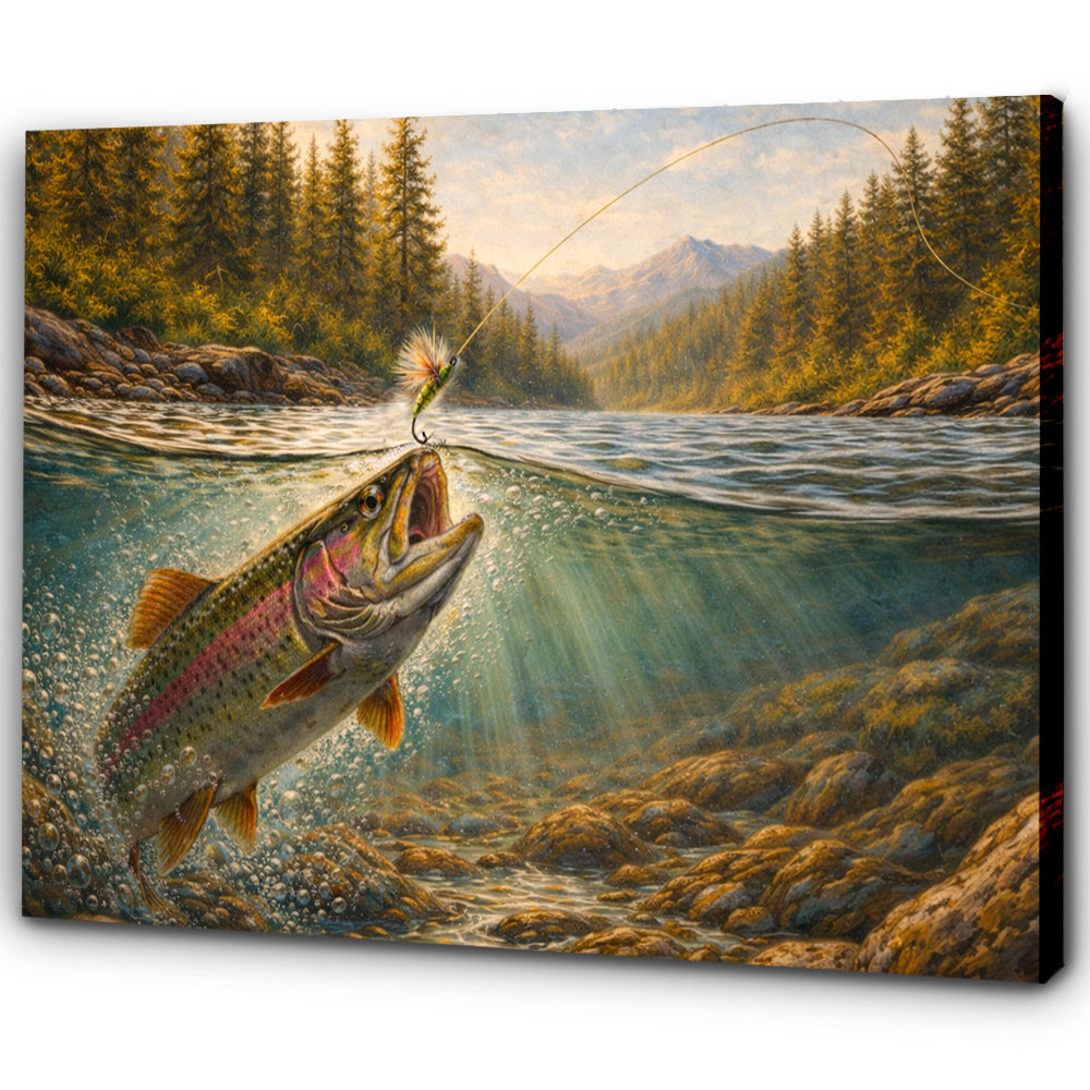 Mountain River Strike – Rainbow Trout Fly Fishing Canvas Art NBT421