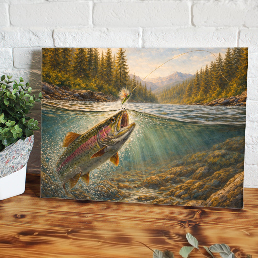 Mountain River Strike – Rainbow Trout Fly Fishing Canvas Art NBT421