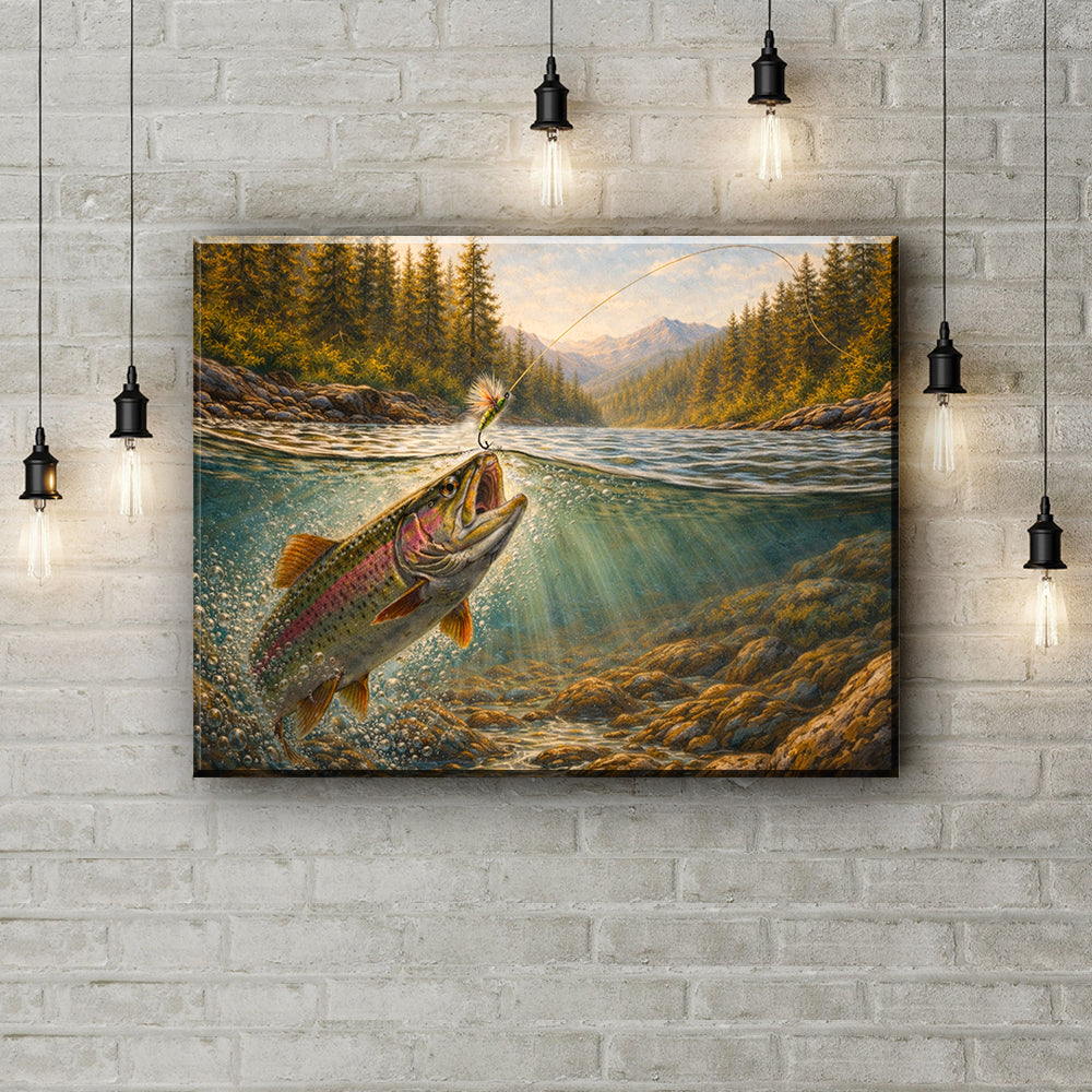 Mountain River Strike – Rainbow Trout Fly Fishing Canvas Art NBT421