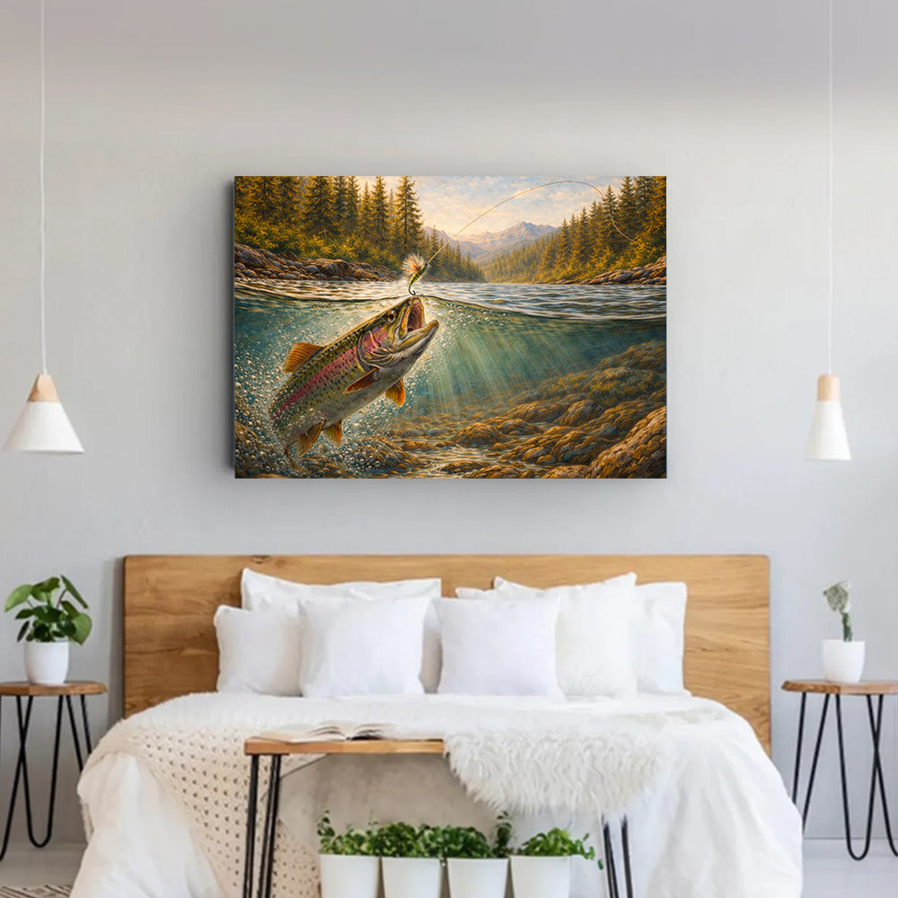 Mountain River Strike – Rainbow Trout Fly Fishing Canvas Art NBT421