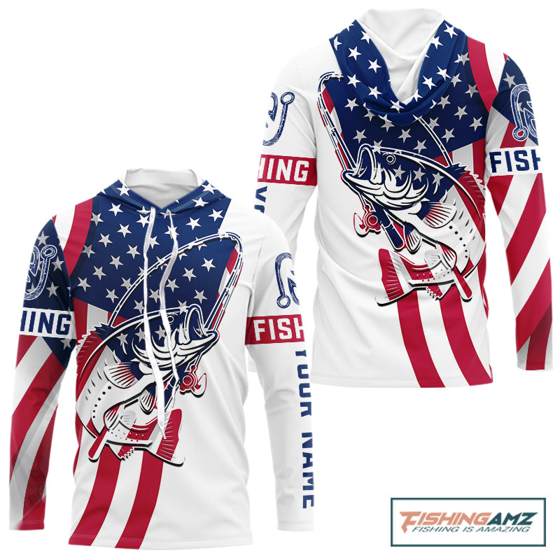 Hooded Bass Fishing American Flag Fishing Tournament Shirts, Personalized Bass Long Sleeve Fishing Jerseys NBT485