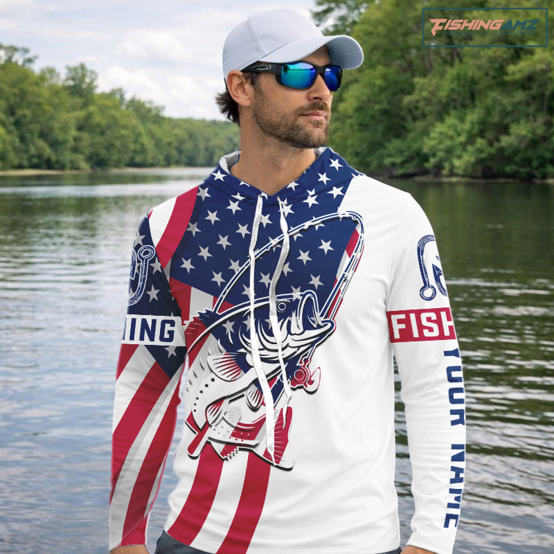 Hooded Bass Fishing American Flag Fishing Tournament Shirts, Personalized Bass Long Sleeve Fishing Jerseys NBT485