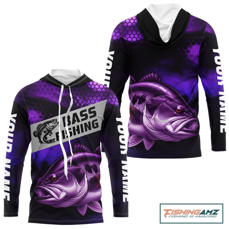 Purple Largemouth Bass Long Sleeve Hooded Fishing Shirts, Custom Big Bass Fishing Jerseys NBT379