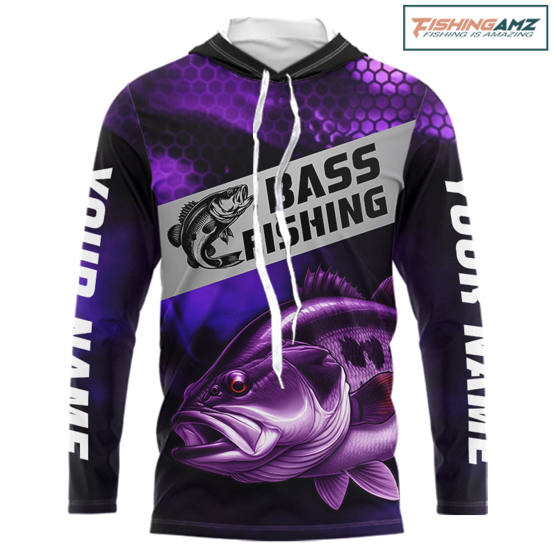 Purple Largemouth Bass Long Sleeve Hooded Fishing Shirts, Custom Big Bass Fishing Jerseys NBT379